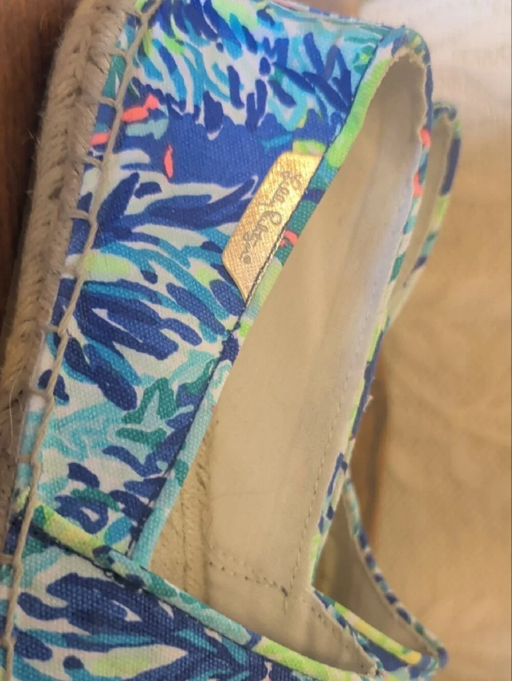 Lilly Pulitzer Blue Floral Canvas Espadrilles with Green & Pink Accents
